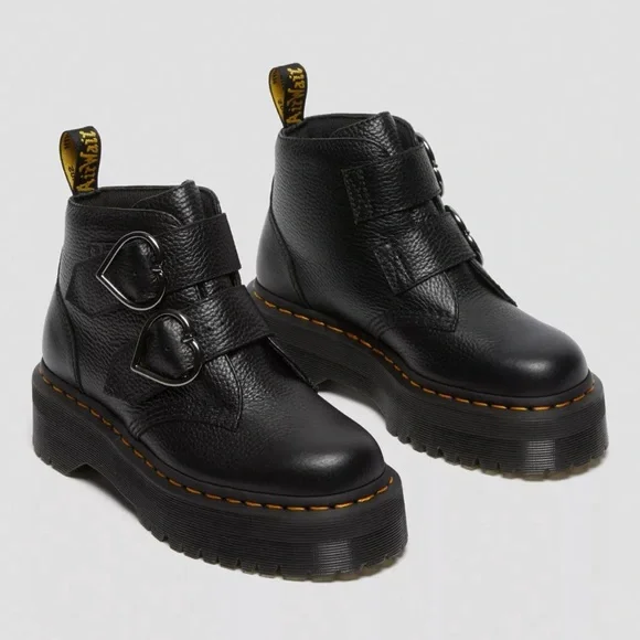 Dr. Martens Black Devon Heart Buckle Platform Boots - Picture 3 of 13